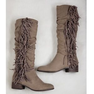Madden Boho Chic Taupe Round Toe Fringe Knee Boots